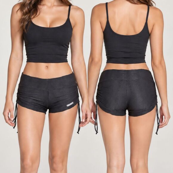 Rio Fitness Pants - Black Ruched Active Shorts Small Drawstring Side Workout Shorts